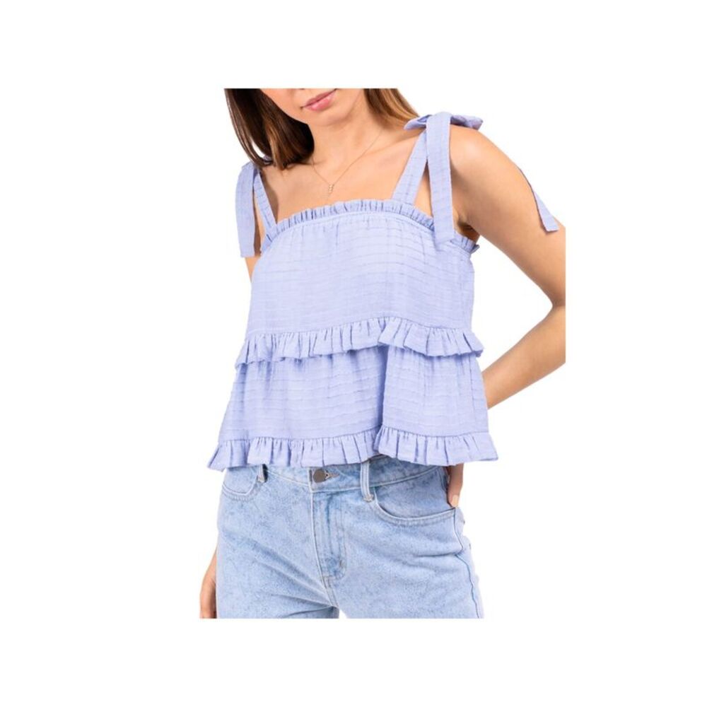 LELIS COLLECTION Womens Light Blue Tie Tiered Sleeveless Square Neck Tank Top S